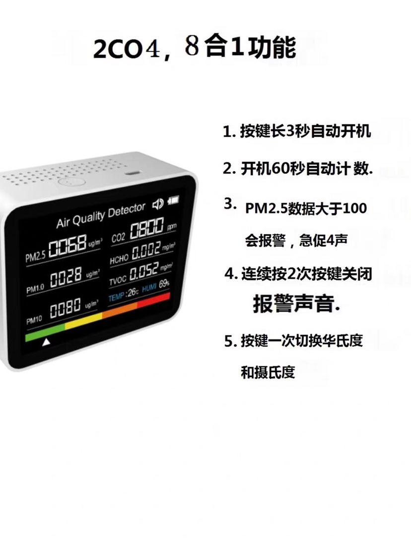 新8合1二氧化碳CO2检测仪家用PM2.5空气质量粉尘空气污染物检测仪 - 图2