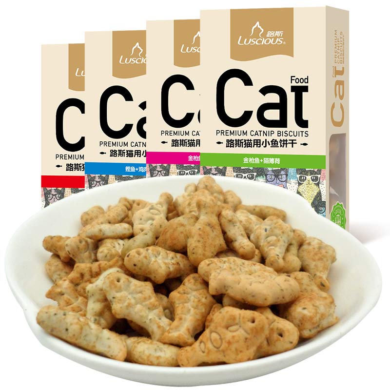 路斯猫饼干猫咪零食猫薄荷小鱼饼干营养磨牙洁齿夹心80g*4盒通用