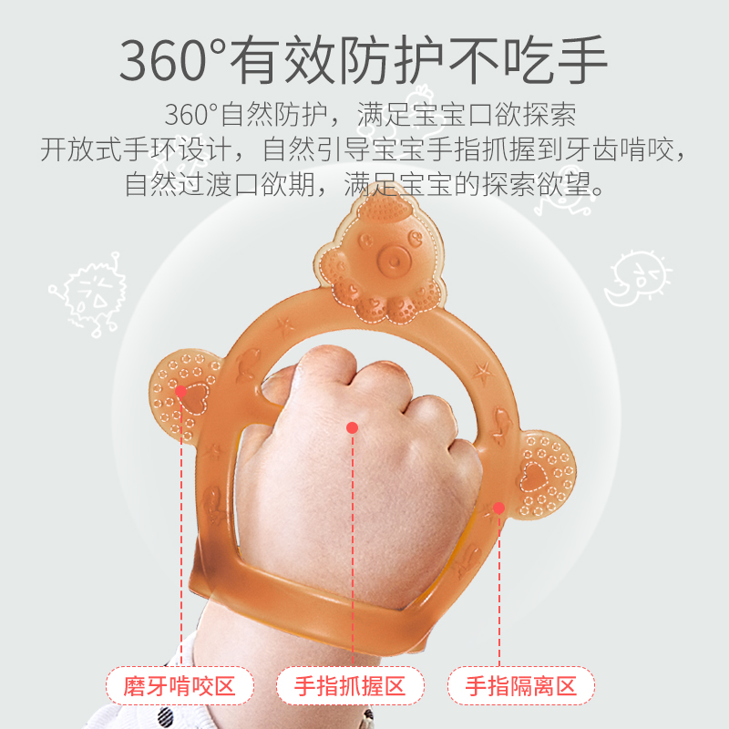 贝瑾母婴专营店婴儿磨牙棒防戒吃手神器小蘑菇宝宝手环牙胶硅胶咬咬乐玩具可水煮3