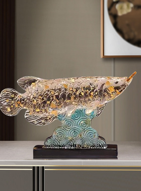 新中式鱼跃龙门金箔水晶龙鱼摆件工艺品客厅商务办公室乔迁开业礼