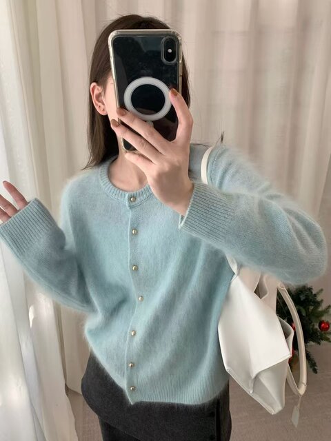 Brushed wool 79016 Korean milky round neck gold button knitted cardigan fashionable atmosphere soft waxy fur coat