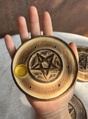 【微瑕】（五芒星款）印度进口实木手工香座塔香锥香盘接灰香托
