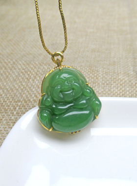 女款18k金镶嵌天然碧玉佛公吊坠