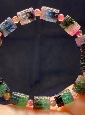 天然西瓜碧玺回纹珠手链 晶体通透 颜色浓郁