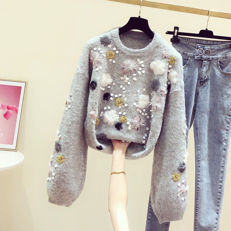 2025秋冬新款韩版重工绣花亮片圆领灯笼袖毛针织衫女慵懒套头毛衣,淘宝优惠券,粉丝福利购,淘宝优惠卷
