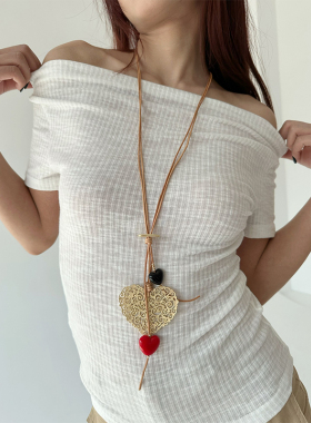 atmshop民族风金色镂空爱心吊坠长项链复古百搭双层个性ins毛衣链