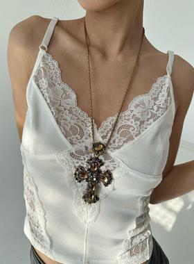 atmshop复古做旧夸张镶嵌十字架吊坠甜酷辣妹朋克长款项链毛衣链