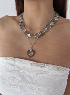 atmshop高级晶灰色爱心吊坠珠串叠戴项链套组时髦个性百搭锁骨链