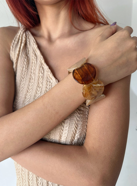 atmshop琥珀晕染圆片拼接树脂亚克力手环复古时髦气质弹力绳手镯