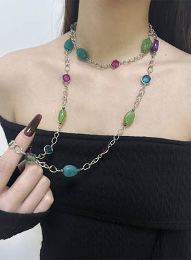 撞色珠串拼接长款项链