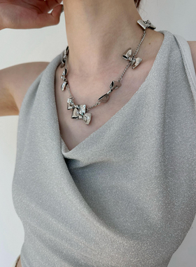 不对称蝴蝶结设计项链锁骨链