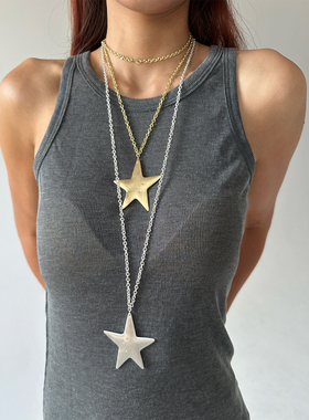 atmshop韩系哑光金属镶嵌五角星吊坠长款项链高级甜酷小众毛衣链
