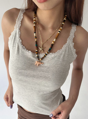 atmshop时髦复古棕色小象珠串金色五角星项链小众个性度假锁骨链