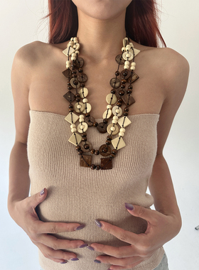 atmshop波西米亚木质椰壳三层夸张珠串项链文废土风度假毛衣链