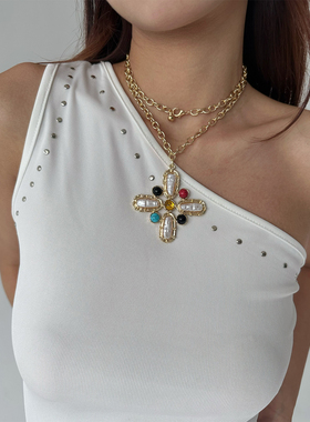 atmshop复古时髦彩色镶嵌夸张十字架博主叠戴金色长项链毛衣链