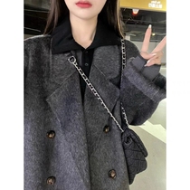 Black grey double face cashmere big coat woman mid length 2023 autumn winter new Korean system high-end loose wool coat