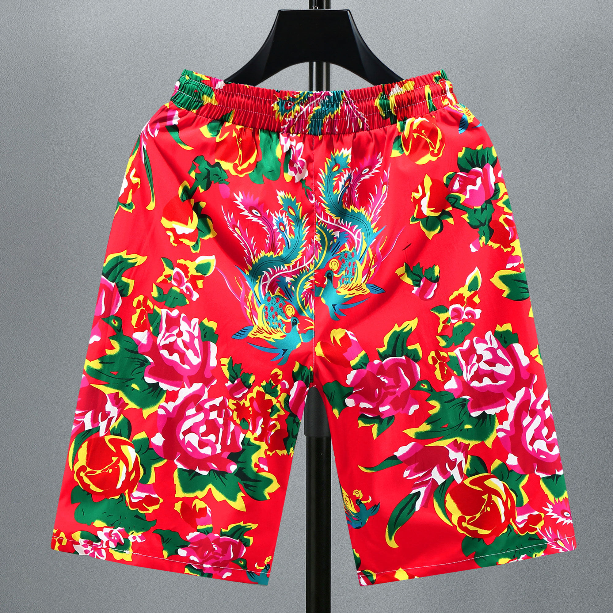 大码东北花短裤聚酯纤维休闲短裤加肥加大五分裤红裤衩胖子沙滩裤