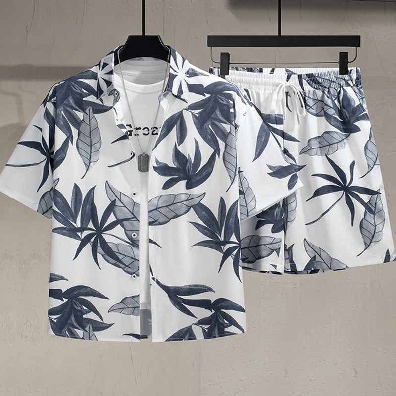 350斤特大码短袖短裤套装男外穿痞帅沙滩度假穿加肥加大衬衫肥仔 - 图0