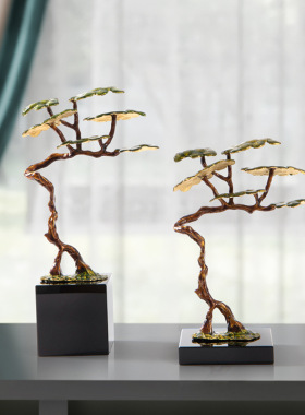 新中式禅意珐琅彩迎客松摆件银杏叶发财树玄关办公室家居软装饰品