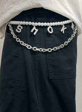 AHaha欧美时尚珍珠双层链条裤链腰链流行英文字母smoke包挂链