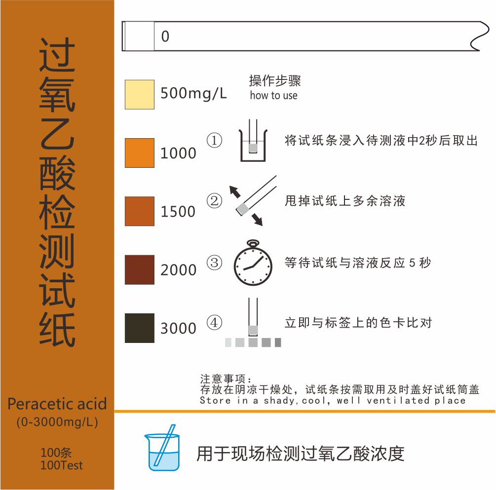 过氧乙酸PAA检测试纸0-3000ppm用于医用内窥镜食品工业等浓度监控 - 图0