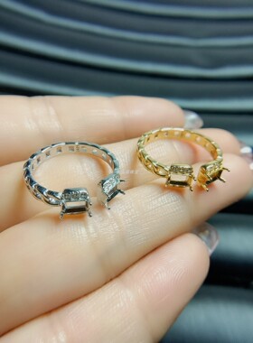 女生925银长方空托3*5戒指