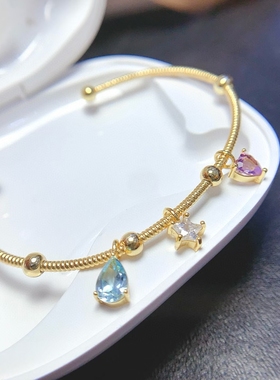 简约S925纯银手镯 水滴5*7心形5*5mm银空托 镀白金玫瑰金黄金色