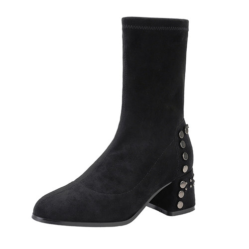 柳钉马丁靴女潮ins2023新款秋冬网红瘦瘦靴高跟短靴粗跟绒面靴子 - 图3