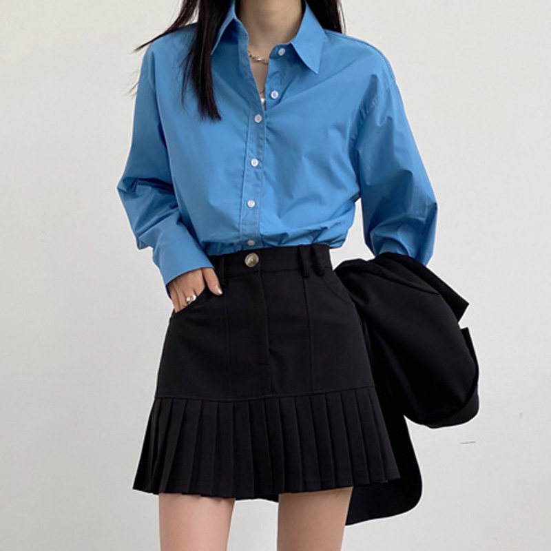 港味chic宝石蓝衬衫bf慵懒设计感小众长袖克莱因蓝衬衣中长款外套