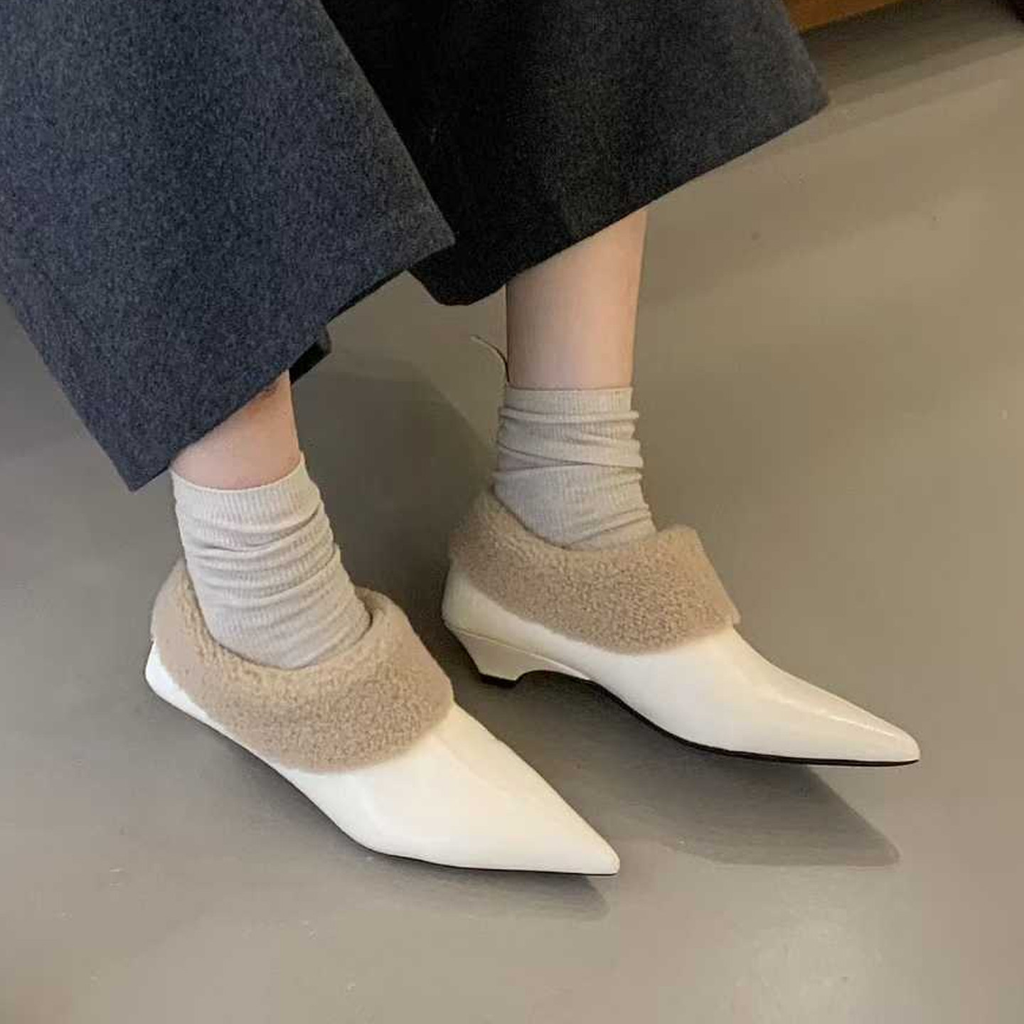 欧美时尚尖头加绒保暖低跟中跟反毛皮瘦脚深口毛毛鞋套脚裸靴女鞋,淘宝优惠券,粉丝福利购,淘宝优惠卷