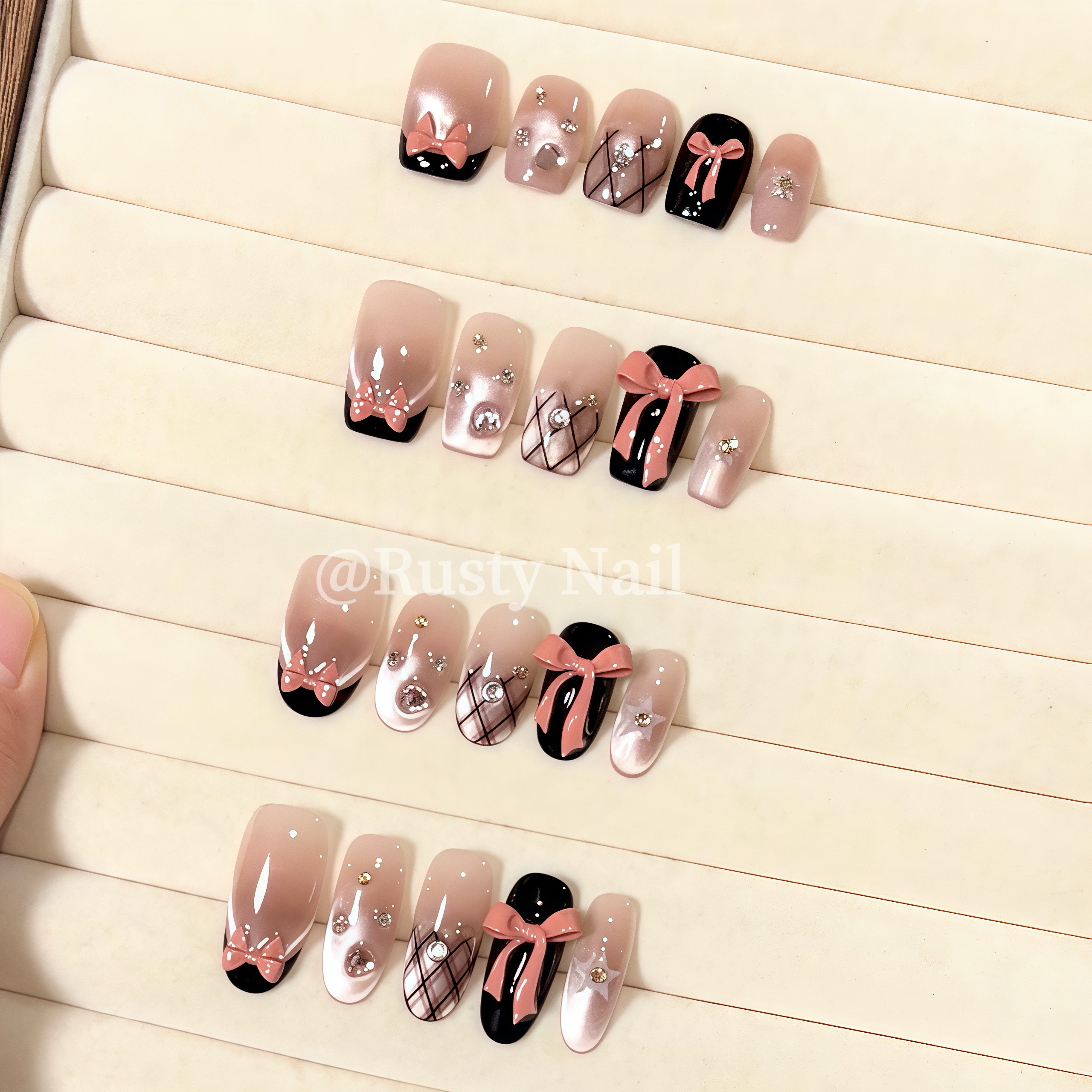 【现货】千禧辣妹法式蝴蝶结猫眼纯手工穿戴甲高级感显白美甲贴片,淘宝优惠券,粉丝福利购,淘宝优惠卷