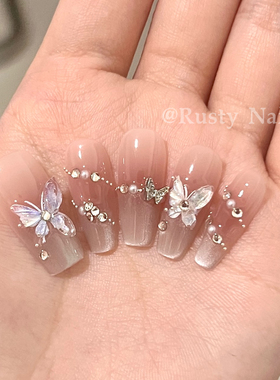 爆闪蝴蝶猫眼法式腮红手工穿戴甲