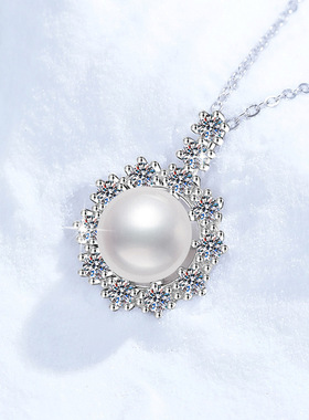 s925纯银项链莫桑钻石项链太阳花高级感天然淡水珍珠吊坠女