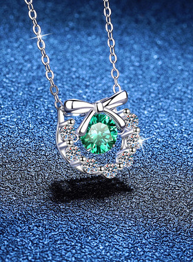 925银项链美国进口彩色莫桑石1克拉灵动蝴蝶结百搭莫桑钻石项链