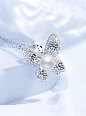 热卖s925纯银项链莫桑钻石项链天然淡水珍珠高级感蝴蝶吊坠