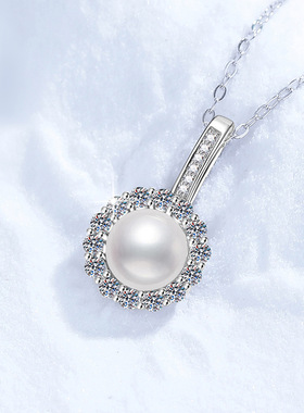 s925纯银项链莫桑石项链天然淡水珍珠太阳花百搭莫桑钻吊坠