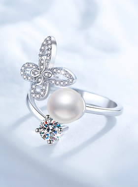 S925纯银莫桑钻石戒指女天然淡水珍珠蝴蝶高级感轻奢可调节戒指
