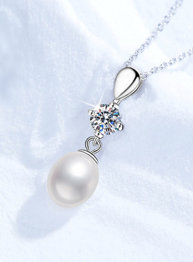 莫桑钻石项链女戴妃款天然淡水珍珠吊坠s925纯银项链女