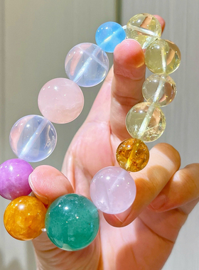 12-19mm天然柠檬黄粉晶胶花奶白晶海蓝宝紫锂辉多宝手链