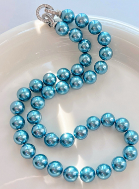 10mm复古国风品质货孔雀蓝人造水晶珍珠锁骨链项链