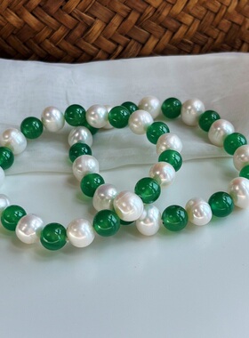 天然淡水珍珠配上天然绿玉髓手链简约时尚百搭小清新手链女