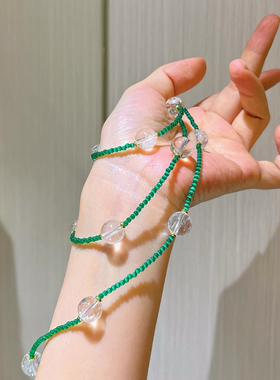 大颗粒天然白水晶人造祖母绿色猫眼石撞色项链锁骨链