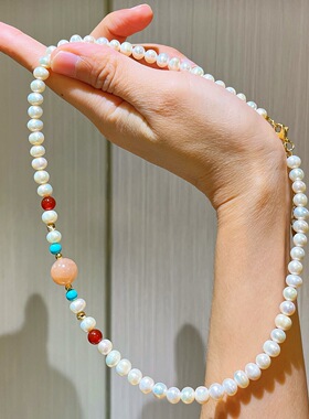 天然精品淡水珍珠baby珠红玉髓月光石项链锁骨链