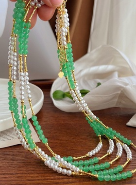 浅绿色石英岩配上施家冷白baby珠项链锁骨链女