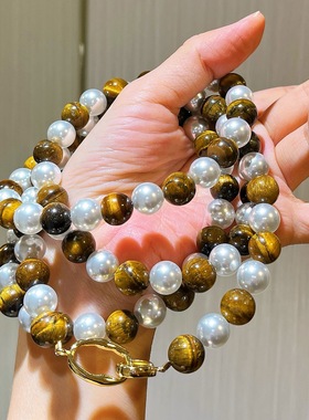 秋冬高光冷白仿澳白长款施家珍珠天然精品虎眼石毛衣链项链锁骨链