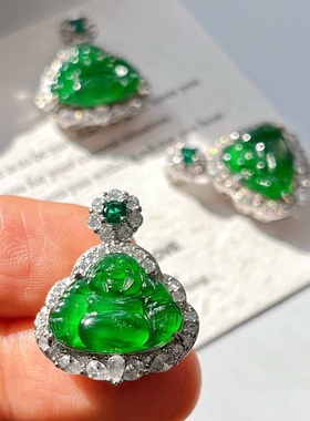 国风复古天然高冰起光天然帝王绿翡翠佛公吊坠 支持复检