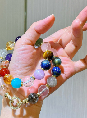 12mm设计感天然天河石紫水晶黑金超七青金石虎眼石多宝锁骨链项链