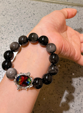 14mm大颗粒天然银曜石加拿大斑彩暗黑色系手链手串