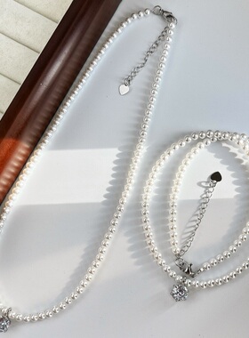秋冬法式ins清冷色系氛围感人造水晶珍珠项链锁骨链吊坠