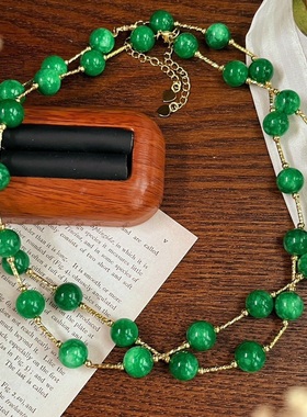 大颗粒复古绿色人造干青满天星锁骨链菠菜绿圆珠项链女